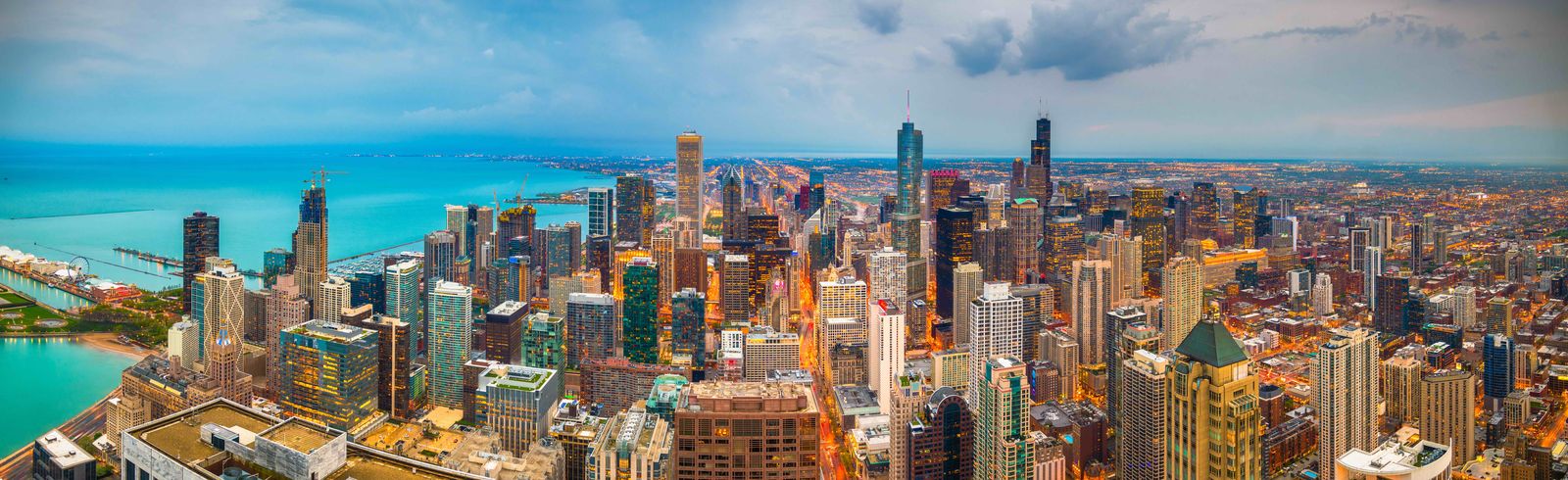 The Chicago skyline from the north, with the lake behind it